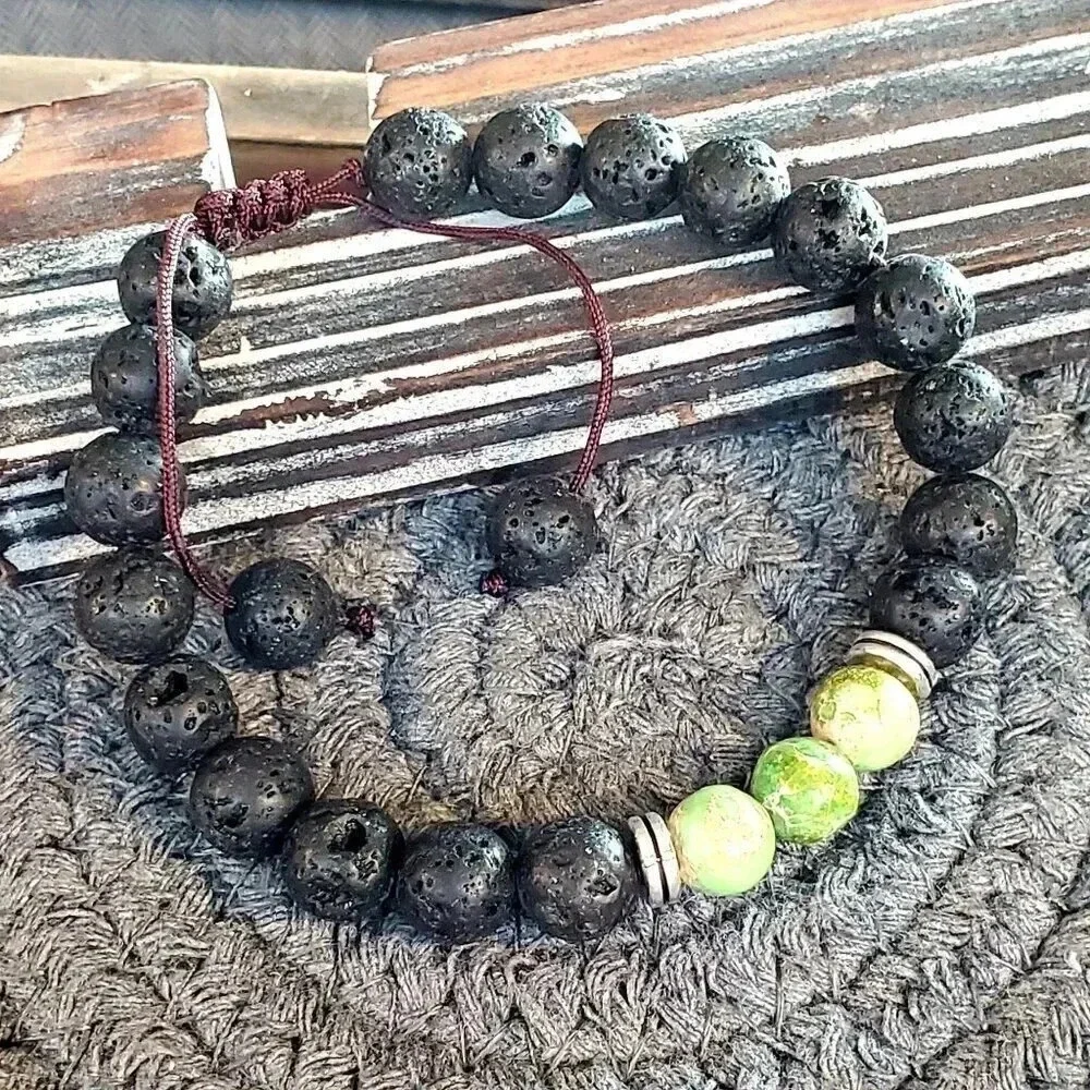 Chakra Bracelet Green Aqua Terra Jasper Black Lava Stones
